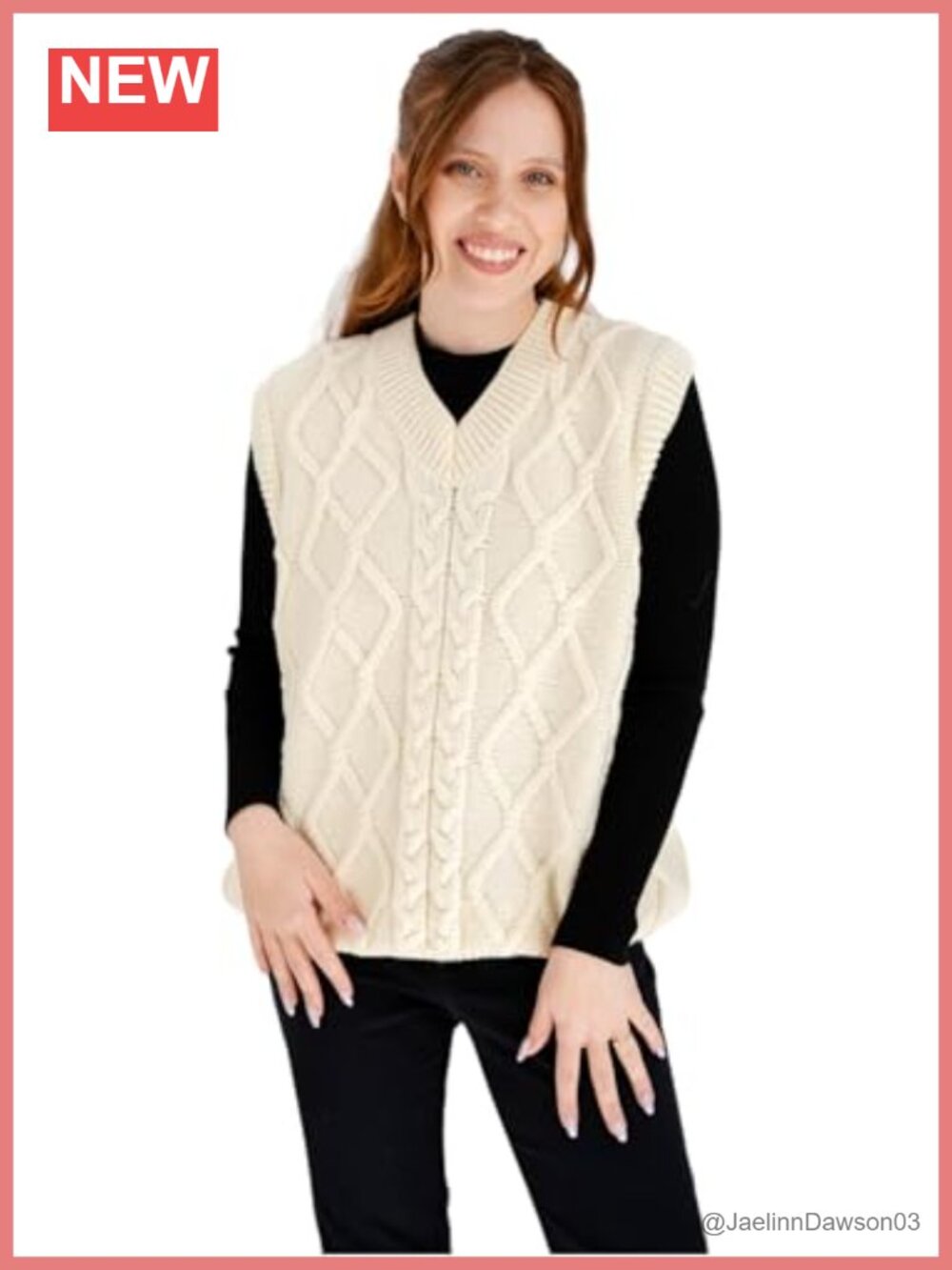 Merino Wool Cable Knit V Neck Sweater Vest Oversized Sleeveless
